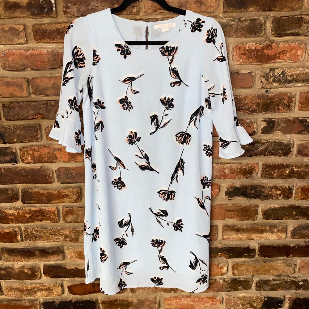C & E Blue Hummingbird Floral Bell Sleeve Mini Shift Dress Women's Size XS